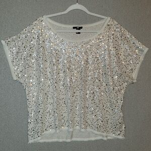H&M Size Large Cream Sequins Shortsleeve Top